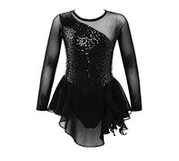 JIZYO Fille Robe Patinage Artistique Manches Longues Paillette Robe Roller Body Justaucorps Gymnastique Vêtements de Danse Noir 13-14 Ans