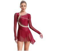 JIZYO Robe De Danse pour Femmes Robe De Patinage Artistique Strass Manches Longues Mesh Patchwork Tenue De Tango Vêtements De Compétition De Patinage Bourgogne M