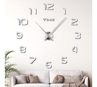 JIZZU 3D Moderne Horloge Murale, Horloge Murale Géante 120cm Silencieuse, Autocollant DIY Horloge Numérique Murale Metal pour Décoration de Salon Chambre Bureau, Cadeau (60-120 cm)- Argent