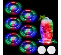 JIZZU Dessous de Verre Lumineux LED, 6 Pièces Dessous de Bouteille Lumineux Transparent Rond 10cm, 3 Modes d'éclairage, Convient pour Boissons, Fête Mariage Bar-Coloré