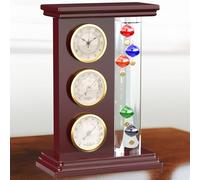 JJ Care Thermomètre Galileo avec horloge à quartz (doré), station météo Galileo avec baromètre analogique et hygromètre, cadre en bois de pin, thermomètre Galilée pour intérieur et extérieur