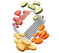 JJ PRIME Coupe Frite Inox Manche en Bois | Coupe Pomme de Terre Pour Frite Acier Inoxydable | Découpe Frites Légumes Wavy Fry Cutter - Couteau Dentelé Lame Ondulée, pour Cuisine et Maison [18x12cm]