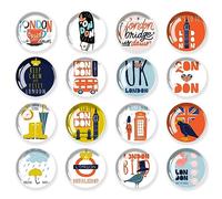 JJ PRIME - Lot de 16 aimants ronds pour réfrigérateur | Mini accessoires de réfrigérateur | Aimants artisanaux | Petits aimants pour tableau blanc, bureau, cuisine et école (Londres)