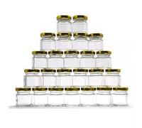 JJA Lot de 30 mini bocaux à confiture avec couvercles dorés hermétiques pour miel, bonbons, cornichons, herbes aromatiques, pots à épices, portions de petit-déjeuner, bocaux en verre de 45 ml avec