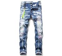 JJCat Pantalon en jean élastique délavé pour homme avec fausses trous et patchs colorés., bleu, 44