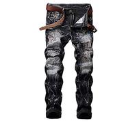 JJCat Pantalon en jean pour homme de style classique gris avec trous et écussons au design droit en coton, bleu, 44