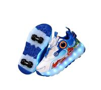 JJDFW Baskets à roulettes amovibles à double rangée avec lumières LED, tige en maille avec fermeture à visser et imprimé dragon, chaussures 2 en 1 pour la marche et le patinage, blanc, rouge, blanc