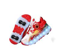 JJDFW Baskets à roulettes amovibles à double rangée avec lumières LED, tige en maille avec fermeture à visser et imprimé dragon, chaussures 2 en 1 pour la marche et le patinage, blanc, rouge, blanc