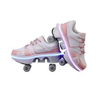JJDFW Baskets à roulettes rétractables à double rangée pour enfants, tige en cuir perforé et maille avec fermeture à lacets, options basses et hautes, marche et patinage 2 en 1, noir, blanc, orange