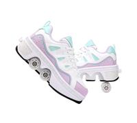 JJDFW Baskets à roulettes rétractables à double rangée pour enfants, tige en cuir perforé et maille avec fermeture à lacets, options basses et hautes, marche et patinage 2 en 1, noir, blanc, orange