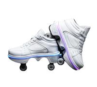 JJDFW Baskets à roulettes rétractables à double rangée pour enfants, tige en cuir perforé et maille avec fermeture à lacets, options basses et hautes, marche et patinage 2 en 1, noir, blanc, orange