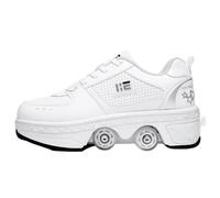 JJDFW Baskets à roulettes rétractables à double rangée pour enfants, tige en cuir perforé et maille avec fermeture à lacets, options basses et hautes, marche et patinage 2 en 1, noir, blanc, orange
