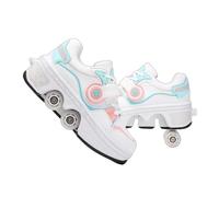 JJDFW Baskets à roulettes rétractables à double rangée pour enfants, tige en cuir perforé et maille avec fermeture à lacets, options basses et hautes, marche et patinage 2 en 1, noir, blanc, orange