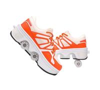JJDFW Baskets à roulettes rétractables à double rangée pour enfants, tige en cuir perforé et maille avec fermeture à lacets, options basses et hautes, marche et patinage 2 en 1, noir, blanc, orange