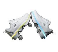 JJDFW Baskets à roulettes rétractables à double rangée pour enfants, tige en cuir perforé et maille avec fermeture à lacets, options basses et hautes, marche et patinage 2 en 1, noir, blanc, orange