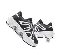 JJDFW Baskets à roulettes rétractables à double rangée pour enfants, tige en cuir perforé et maille avec fermeture à lacets, options basses et hautes, marche et patinage 2 en 1, noir, blanc, orange