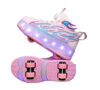 JJDFW Baskets à roulettes rétractables à double roue pour enfants avec lumières LED, tige en maille avec motif flamme, fermeture torsadée, semelle épaisse mi-haute pour la marche et le patinage, rose
