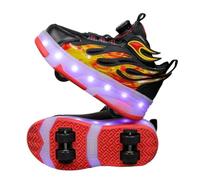 JJDFW Baskets à roulettes rétractables à double roue pour enfants avec lumières LED, tige en maille avec motif flamme, fermeture torsadée, semelle épaisse mi-haute pour la marche et le patinage, rose