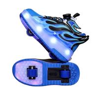 JJDFW Baskets à roulettes rétractables à double roue pour enfants avec lumières LED, tige en maille avec motif flamme, fermeture torsadée, semelle épaisse mi-haute pour la marche et le patinage, rose