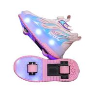 JJDFW Baskets à roulettes rétractables à double roue pour enfants avec lumières LED, tige en maille avec motif flamme, fermeture torsadée, semelle épaisse mi-haute pour la marche et le patinage, rose