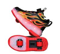 JJDFW Baskets à roulettes rétractables à double roue pour enfants avec lumières LED, tige en maille avec motif flamme, fermeture torsadée, semelle épaisse mi-haute pour la marche et le patinage, rose