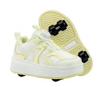 JJDFW Baskets basses à 4 roues pour filles, chaussures de marche et de patinage 2 en 1 avec dessus en maille en dentelle et fermeture à cadran, semelle épaisse, roues à quatre roues intégrées, jaune