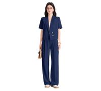 JJDFW Ensemble blazer et jupe à double boutonnage pour femme, veste de costume courte deux pièces avec jupe plissée ou pantalon à jambe large pour entretien, bureau, Veste de costume bleu + pantalon