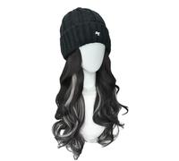 JJDFW Perruque noire, bonnet intégral en maille pour femme, tendance automne-hiver, avec mèches, simulant de longs cheveux bouclés en laine.