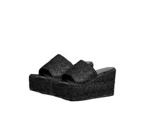 JJDFW Sandales compensées à bout rond en raphia tissé pour femme, Noir , 36.5 EU