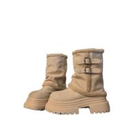 JJDFW Vintage Chaud Coton Femmes Pipe Bottines Mode Plateforme Épaisse Semelle Courte Automne Hiver Ceinture Boucle Chaussures, beige, 37 1/3 EU