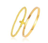 JJDreams 2 Pièces Bracelets Dorés pour Femme Bracelet de Perles Or avec Croix Bracelet Jonc Fin 4mm avec Coffret Cadeau