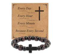 JJDreams Bracelet en Bois Brun Bracelet Perle élastique avec Croix Bracelet Chapelet Chrétien Bracelet Tibetain