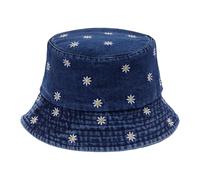 JJDreams Chapeau de pêcheur Vintage brodé aux pâquerettes - Chapeau Seau en Denim lavé Tendance, Doux, léger et Pliable pour, Bleu foncé