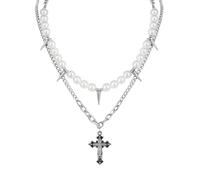 JJDreams Necklace Set with Stainless Steel Cross Pendant Long Pearl Necklace with Auger Pendant Gothic Punk Necklace Jewellery for Men and Women,Silver