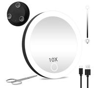JJhxr Miroir de voyage grossissant x10 à LED avec lumières, rechargeable 10 x, grossissement de poche de 10,2 cm, 3 couleurs à intensité variable avec ventouses et ciseaux