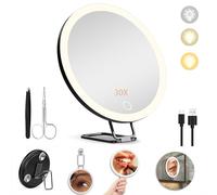 JJhxr Miroir grossissant 30X avec lumière, Grand Miroir grossissant de Maquillage 15.24 cm, Miroir de Maquillage 3 Couleurs à intensité Variable avec Support de Table 360°, avec 3 ventouses