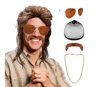 JJKOL Perruque Hommes Annee 80, Perruque Mulet Homme, Deguisement Disco Annees 70 80, avec Perruques Colliers Barbes Lunettes et Bonnets de Perruques, pour Carnaval Cosplay Halloween
