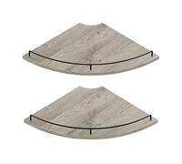 JJL Étagère d'angle Murale 30 cm, étagère Flottante 2 Niveaux, Design éventail, Bois Rustique avec clôture, Finition Grain Bois Gris, Rangement Appartement, Chambre à Coucher, Cuisine