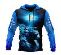 JJLLAZAD Sweat À Capuche Chrétien Unisexe, Dieu Jésus Impression 3D Pleine Fermeture Éclair Décontracté Ample Sweat-Shirt Automne À Manches Longues Croix Harajuku Veste,Lion Blue Hoodie,XL