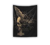 JJLLAZAD Tenture Murale Tapisserie Squelette Mort-Vivant Viking, Art Rétro Nordique Raven Mjölnir Vegvisir 3D Impression Polyester Tapisseries Décor Dortoir,Black Viking,70x90 inch