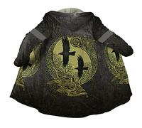 JJLLAZAD Viking Men's Hood Crow Odin 3D Print Winter Warm Imitated Cashmere Coat Medium Long décontracté Unisex Jacket,Nordic Raven,XL