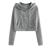 JJPAR JJPAR Sweat a Capuche Femme Court Sexy Chic Sweatshirts Femmes Manches Longues Zippé Slim Décontracté Veste Léger Respirant Pas Cher Couleur Unie Haut Printemps Eté Gris M