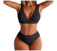 JJPAR Maillot de Bain Taille Haute Sport Femme 2 Pieces Amincissant Gainant Ventre Plat Bresilien Bikini Menstruel Dos Nu Sexy Tankini Shorty Vintage Couleur Unie Pas Cher Plage Noir XL