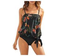 JJPAR Tankini Cache Maillot de Bain Taille Haute Fleuri Femme 2 Pieces Amincissant Gainant Ventre Plat Sexy Impression Bikini Tankini Bustier Shorty Pas Cher Sport Plage Fête Yacht Noir S