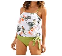 JJPAR Tankini Cache Maillot de Bain Taille Haute Fleuri Femme 2 Pieces Amincissant Gainant Ventre Plat Sexy Impression Bikini Tankini Bustier Shorty Pas Cher Sport Plage Fête Yacht Blanc L