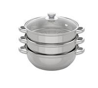 JJsdwin Cuiseur vapeur à 3 étages en acier inoxydable - 28 cm - Avec couvercle en verre - Passe au lave-vaisselle - Pour cuisinière à induction, cuisinière électrique en céramique - Argenté
