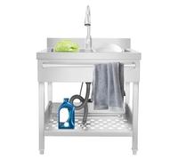 JJsdwin Évier de cuisine simple autoportant, en acier inoxydable 201, avec robinet extensible, pour cuisines de restaurant, hauteur réglable de 1 à 3 cm, argenté