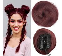 JJstar Mini Chignon Postiche à Pince Synthétique-Rouge Bordeaux | Mini postiche chignon à pince, bou t décoiffé, pour créer facilement un space bun ou une coiffure style oreilles de chat.