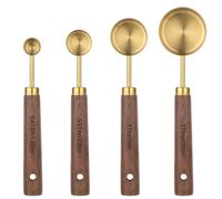 JJUNW Lot de 4 cuillères à mesurer et tasses à mesurer en acier inoxydable avec manche en bois doré et long manche pour la cuisine et la pâtisserie