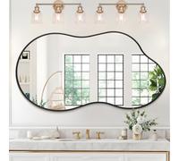 JJUUYOU Grand miroir mural de salle de bain avec cadre en métal brossé irrégulier noir, 55 x 100 cm, miroir décoratif pour salon, chambre à coucher, entrée, vanité, décoration d'intérieur